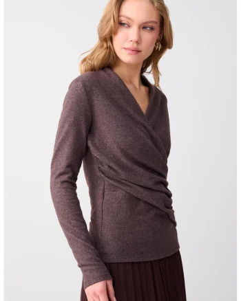 Bluza cu decolteu cache-coeur, Maro melange