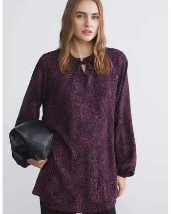 Bluza tunica cu animal print, Negru/Roz inchis