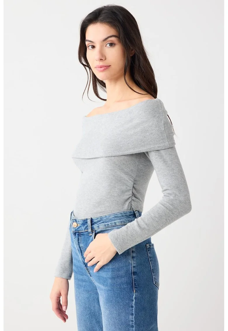 Bluza slim fit din amestec de modal cu decolteu pe umeri, Gri deschis melange