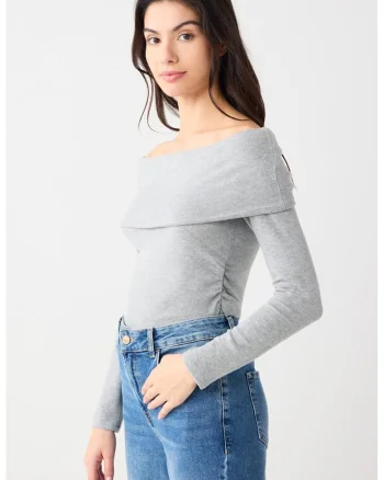 Bluza slim fit din amestec de modal cu decolteu pe umeri, Gri deschis melange