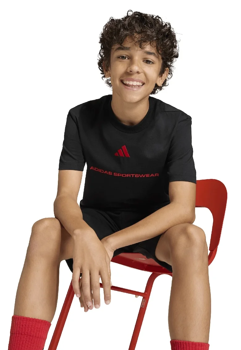 Tricou din bumbac cu decolteu la baza gatului, Negru/Rosu vermillion
