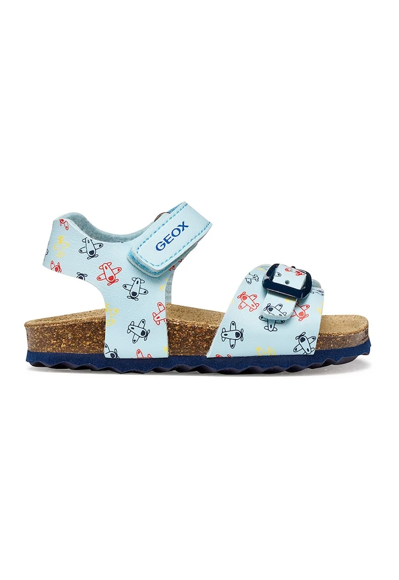 Sandale de piele ecologica cu velcro si model, Rosu vermillion/Albastru deschis