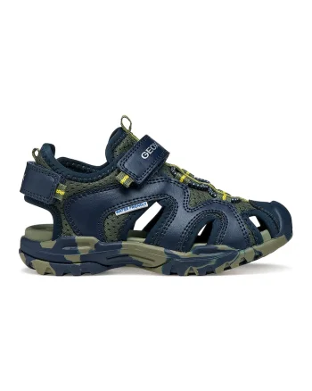 Sandale de piele ecologica si material textil cu banda velcro Borealis, Kaki/Bleumarin