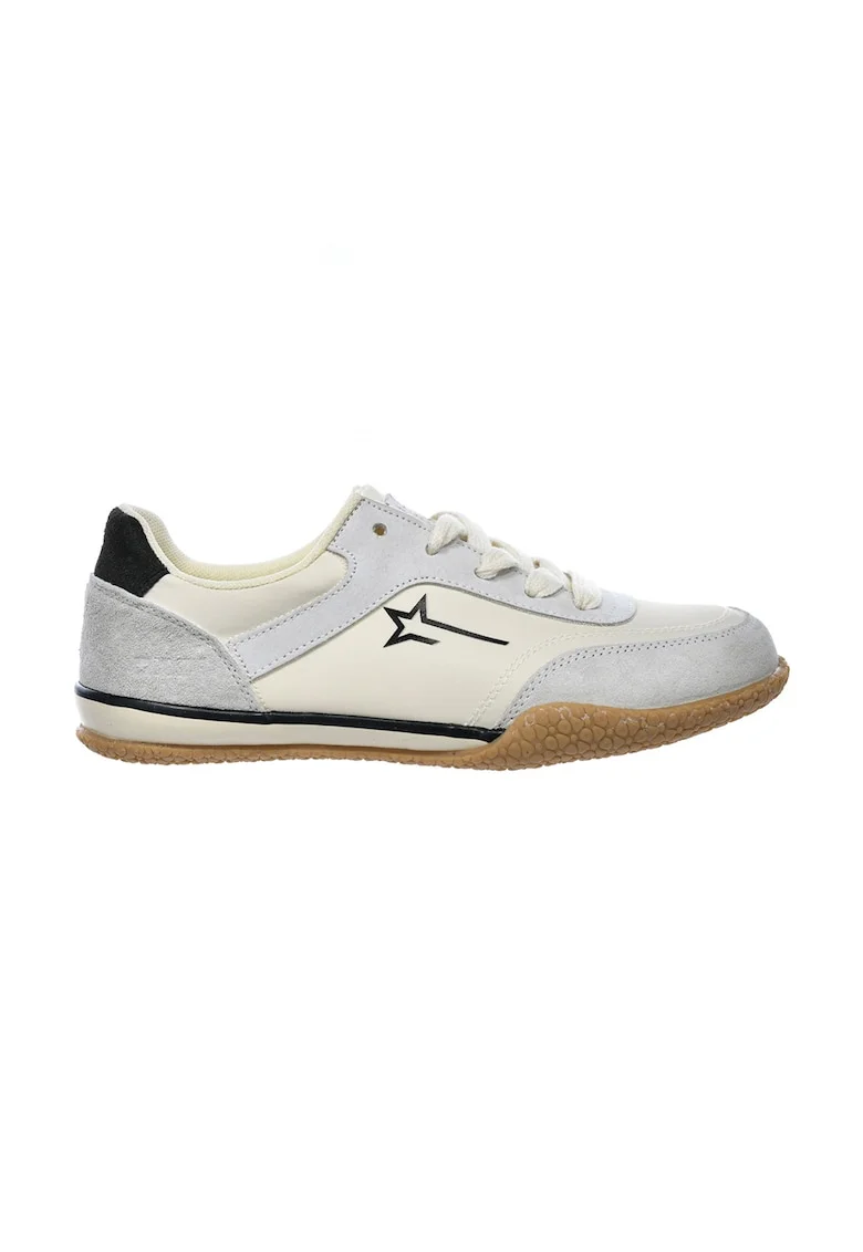 Pantofi sport low-cut cu insertii din piele intoarsa, Alb fildes/Gri