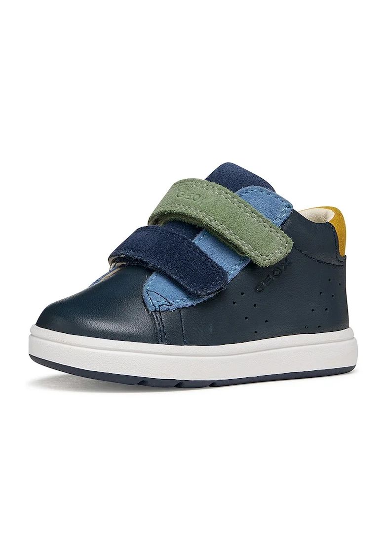 Pantofi sport de piele cu insertii de piele intoarsa si velcro, Albastru ultramarin/Galben sofran