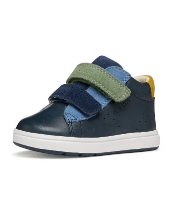 Pantofi sport de piele cu insertii de piele intoarsa si velcro, Albastru ultramarin/Galben sofran