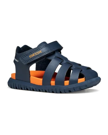 Sandale impermeabile de piele ecologica Fusbetto, Albastru ultramarin/Portocaliu mandarina