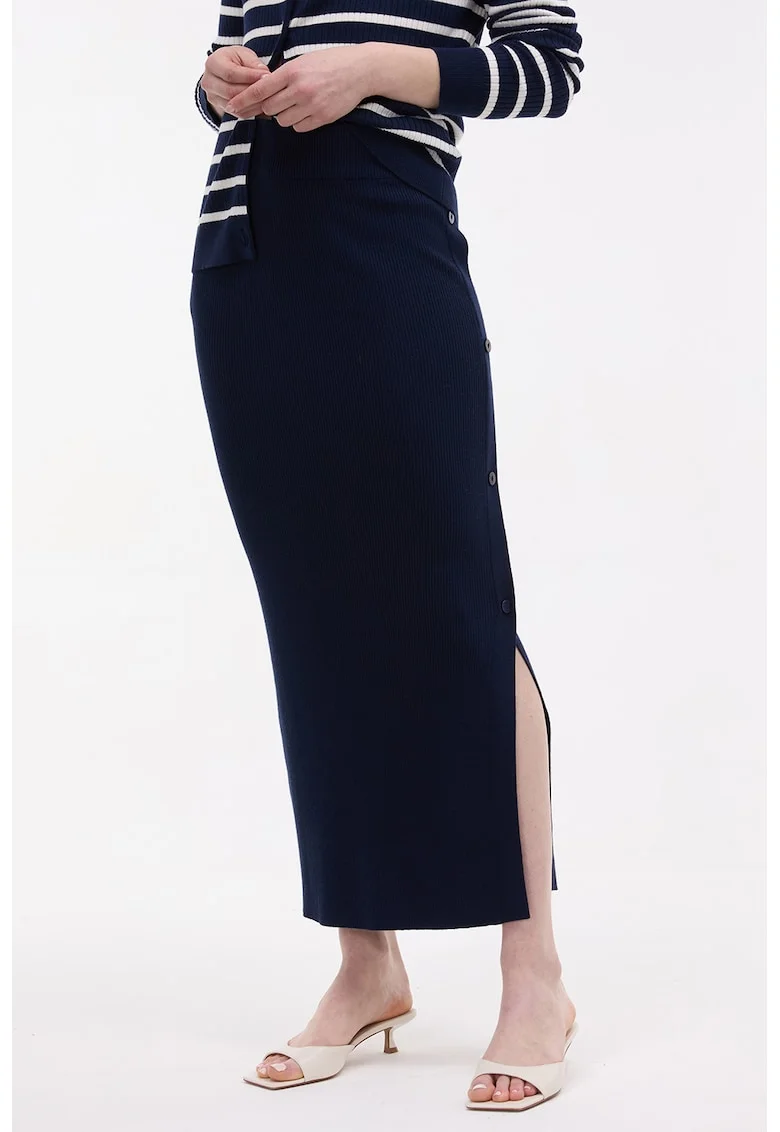 Fusta midi din tricot cu slit lateral cu nasturi, Albastru ultramarin