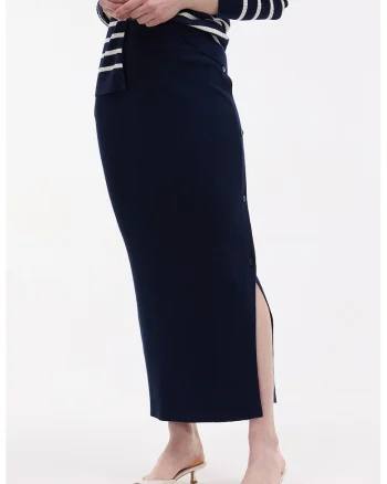 Fusta midi din tricot cu slit lateral cu nasturi, Albastru ultramarin