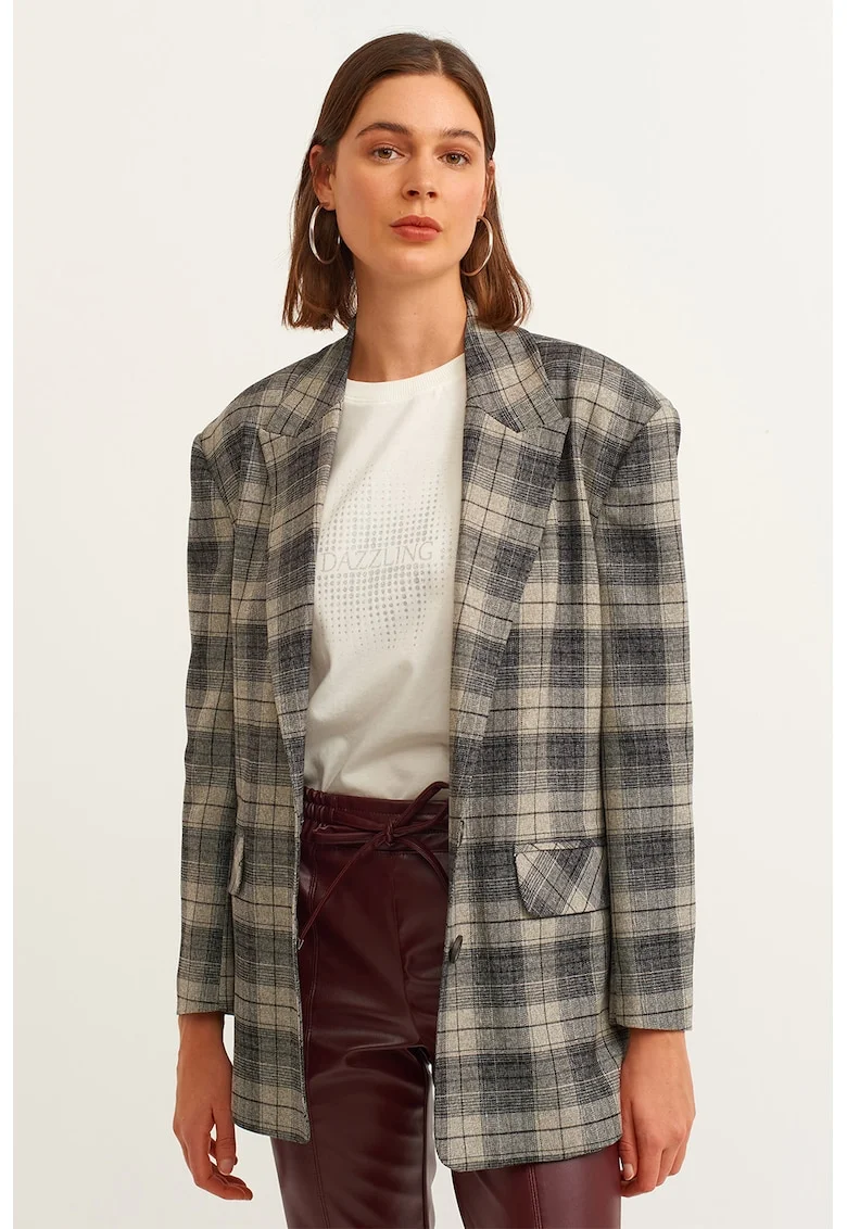 Sacou lejer cu model in carouri, Maro camel/Gri inchis