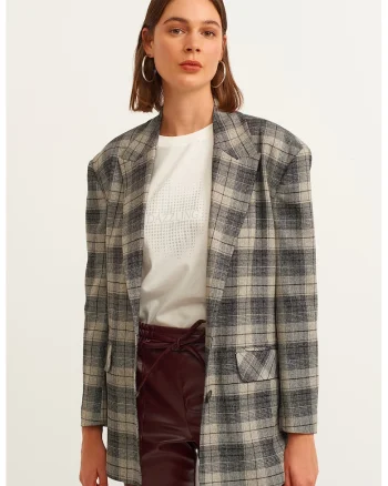 Sacou lejer cu model in carouri, Maro camel/Gri inchis