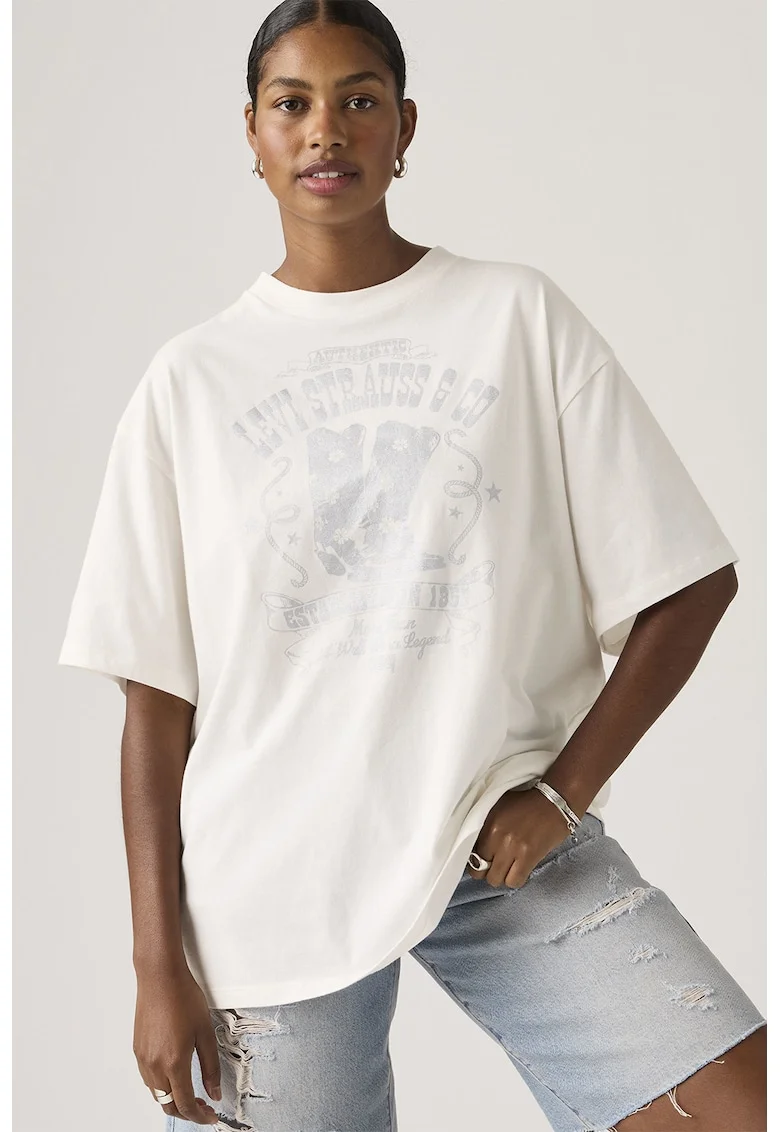 Tricou lejer de bumbac cu imprimeu grafic, Gri deschis/Crem