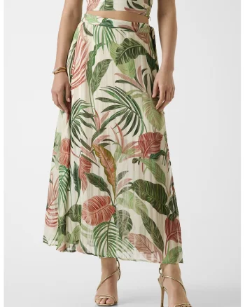 Fusta maxi cu model tropical, Verde/Roz/Crem
