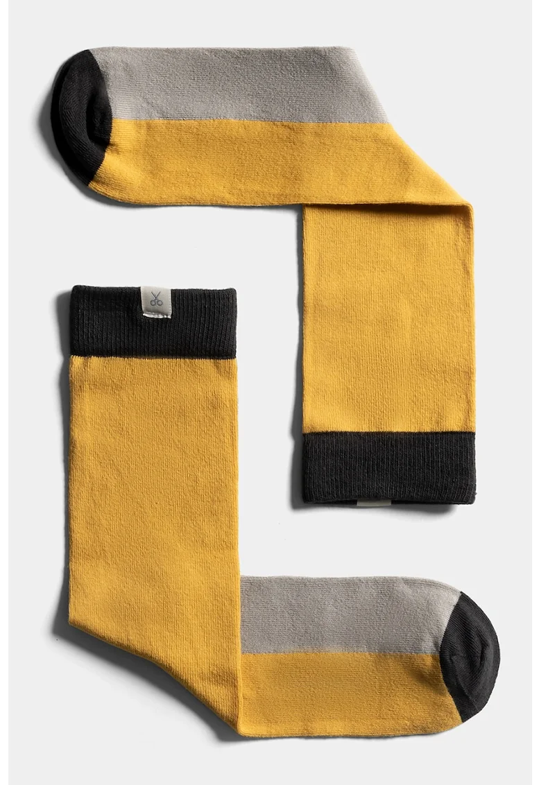 Sosete unisex lungi cu model colorblock, Negru/Galben/Grej