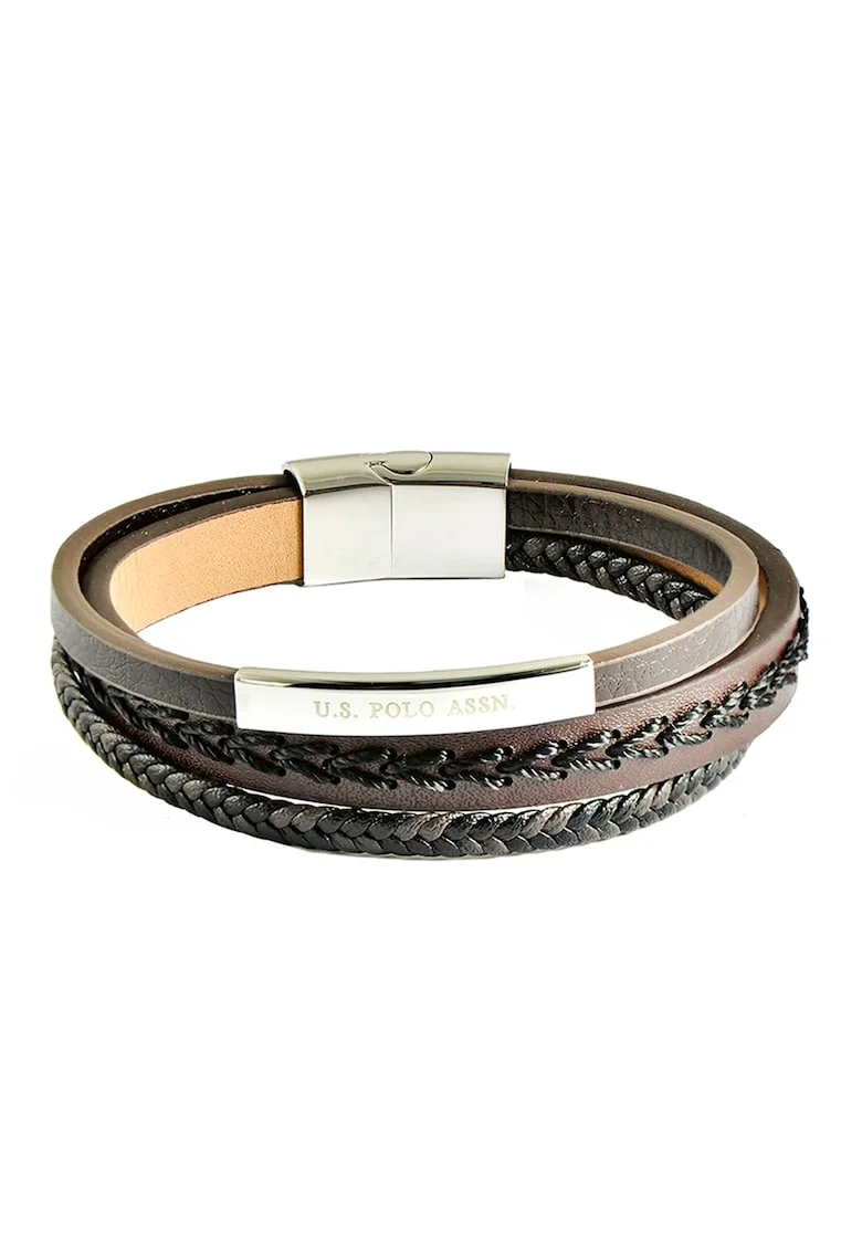 Bratara de piele cu model impletit, Maro