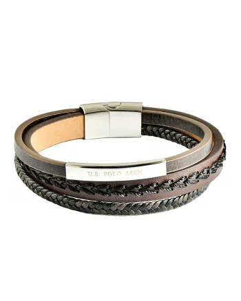 Bratara de piele cu model impletit, Maro