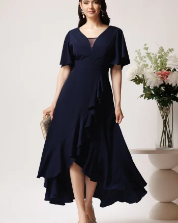 Rochie lunga eleganta din crep bleumarin cu volan pe fusta