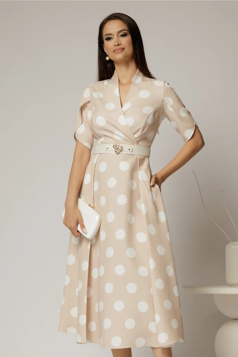 Rochie DY Fashion bej cu buline cu decolteu si maneci petrecute