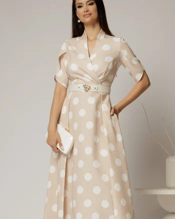 Rochie DY Fashion bej cu buline cu decolteu si maneci petrecute