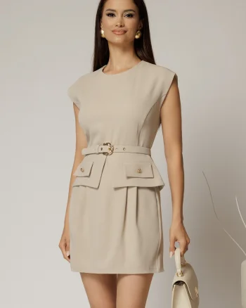 Rochie DY Fashion bej scurta cu peplum si curea in talie