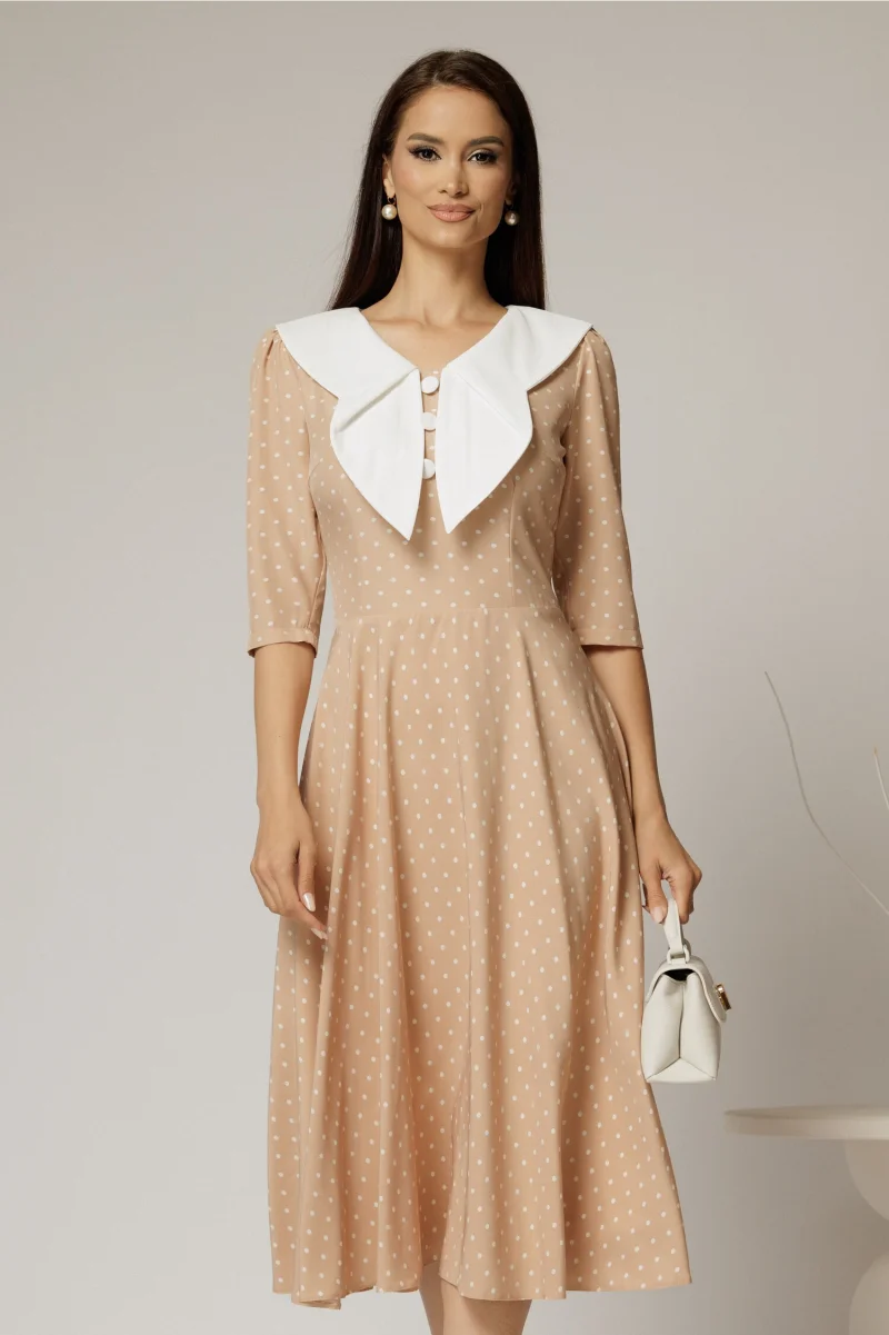 Rochie midi bej cu buline si guler amplu croi clos