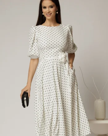 Rochie midi alba cu buline si cordon detasabil in talie