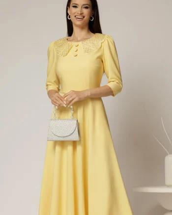 Rochie midi galbena de ocazie cu nasturi pe bust si guler cu broderie si margele