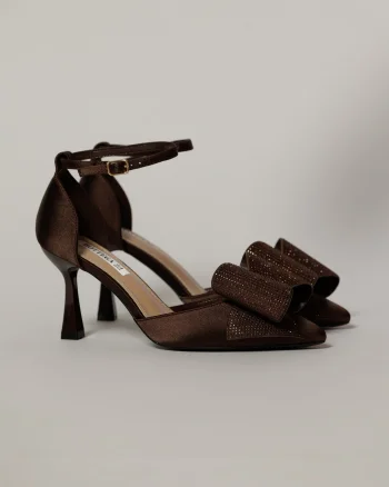 Pantofi eleganti maro din material satinat cu funda maxi stralucitoare