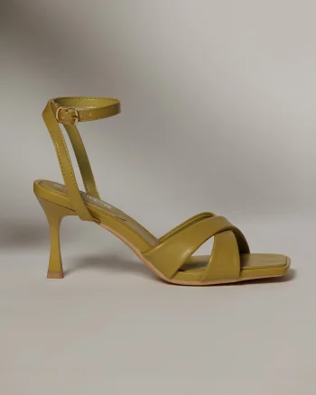 Sandale elegante galben mustar din piele ecologica cu barete in forma de x
