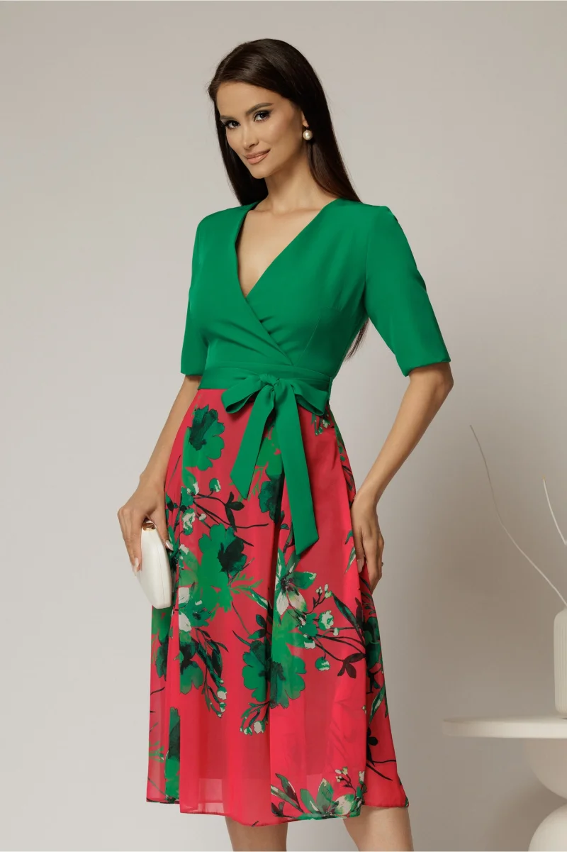 Rochie DY Fashion office din stofa si voal verde cu imprimeu pe fusta