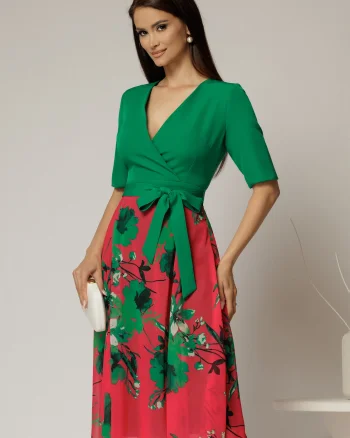Rochie DY Fashion office din stofa si voal verde cu imprimeu pe fusta