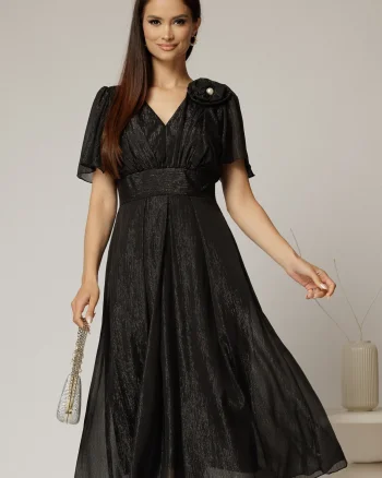 Rochie midi neagra din voal cu fir lurex si floare la umar