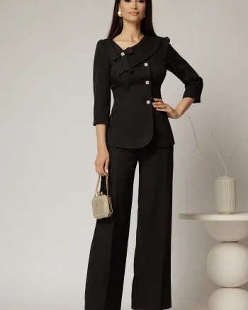 Compleu DY Fashion negru din sacou cu funda si nasturi perla si pantaloni