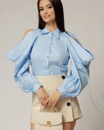 Camasa dama bleu cu maneci lungi decupate