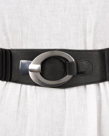 Curea elastica cu solzi din piele ecologica neagra de 6 cm latime cu catarama ovala argintie
