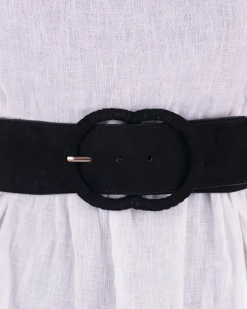 Curea din piele intoarsa ecologica cu catarama imbracata si elastic la spate, neagra