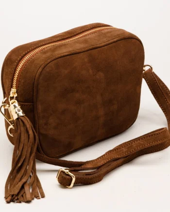 Geanta din piele intoarsa cu franjuri, model crossbody, maro