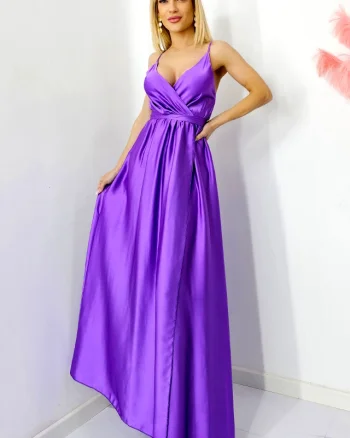 Rochie satinata Jhade, croiala decupata, cordon si bretele subtiri, Mov, Marime S/M