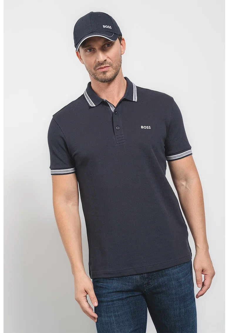 Tricou polo regular fit din bumbac pique cu margini contrastante Paddy, Bleumarin