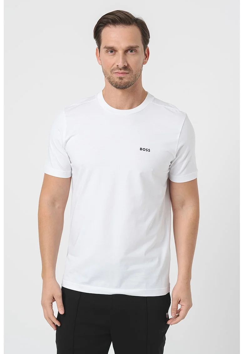 Tricou cu logo discret si decolteu la baza gatului, Negru/Alb optic