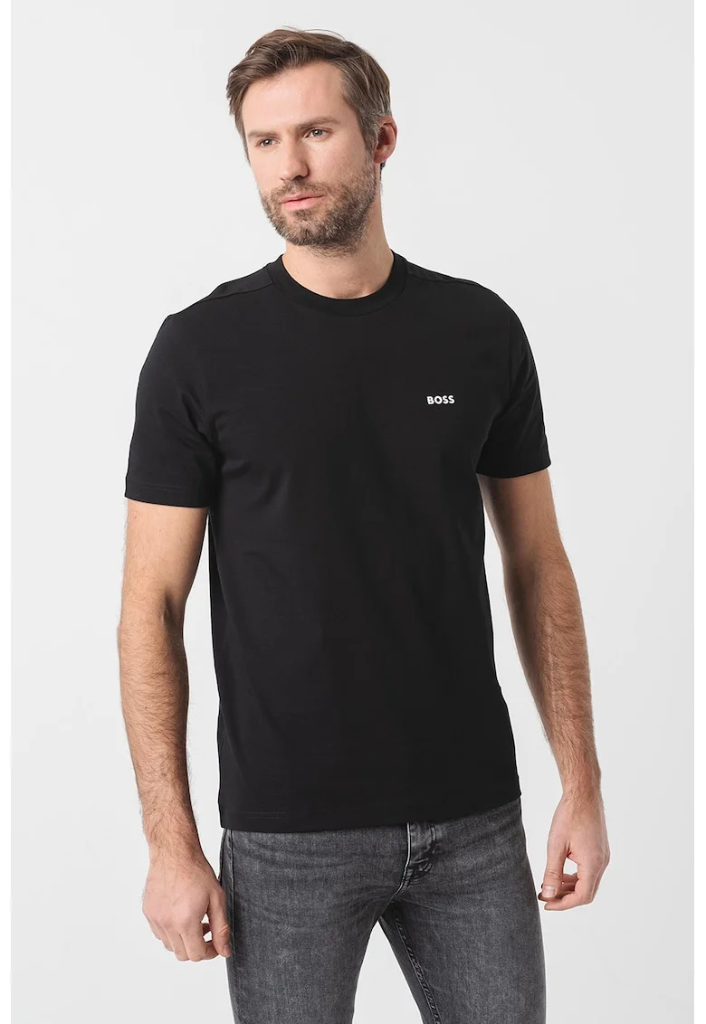 Tricou cu logo discret si decolteu la baza gatului, Alb/Negru