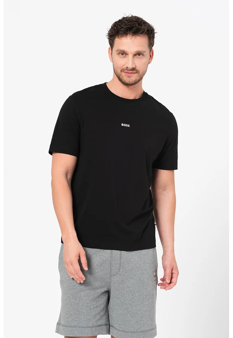 Tricou cu decolteu la baza gatului si logo discret, Negru