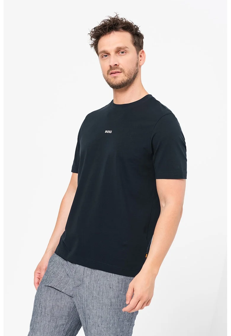 Tricou cu decolteu la baza gatului si logo discret, Negru stins