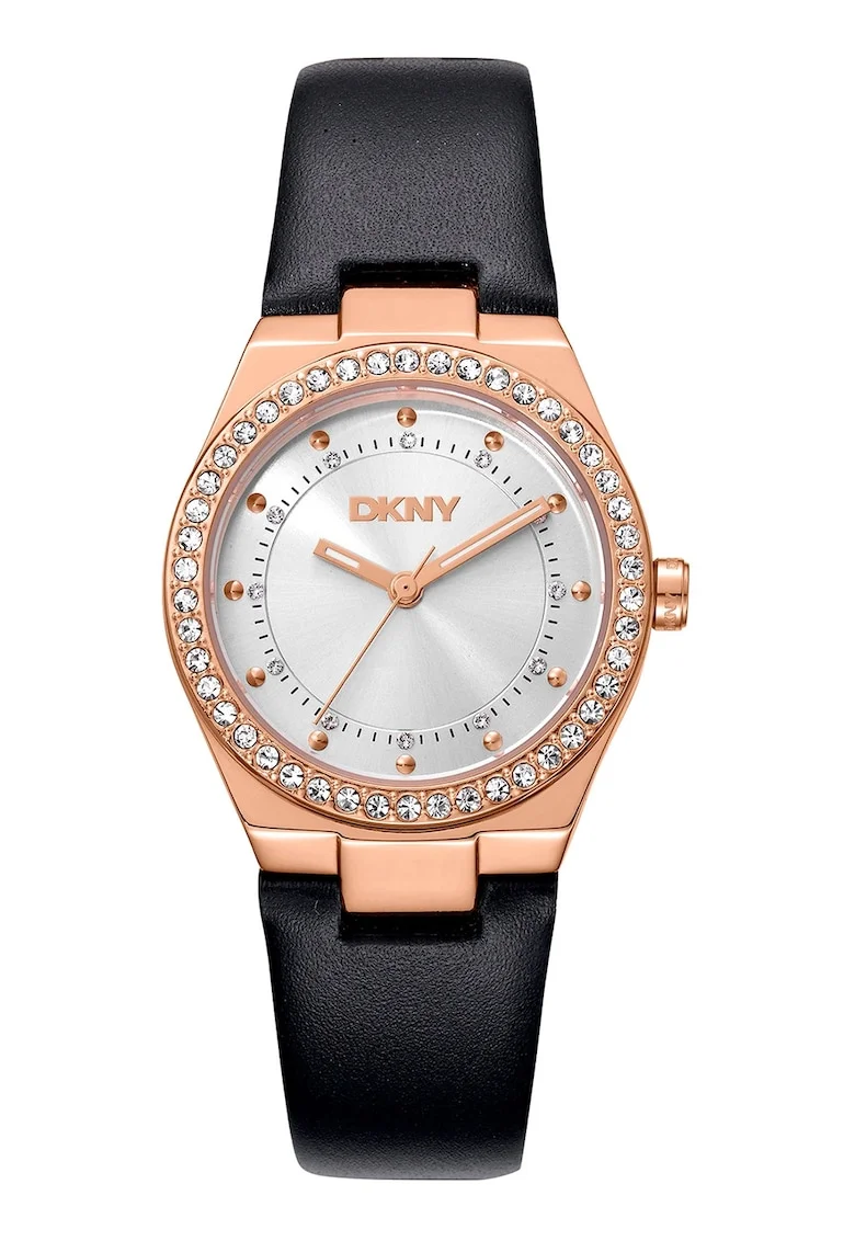 Ceas cu o curea de piele, Auriu rose/Negru