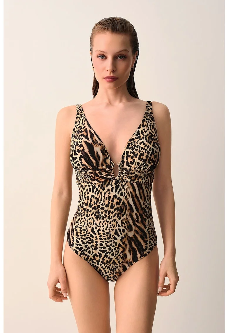 Costum de baie intreg cu model animal print Lexa, Negru/Maro/Maro nisip