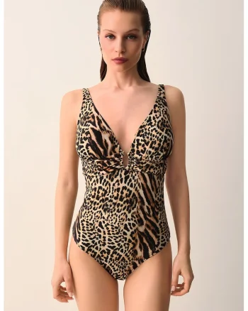 Costum de baie intreg cu model animal print Lexa, Negru/Maro/Maro nisip