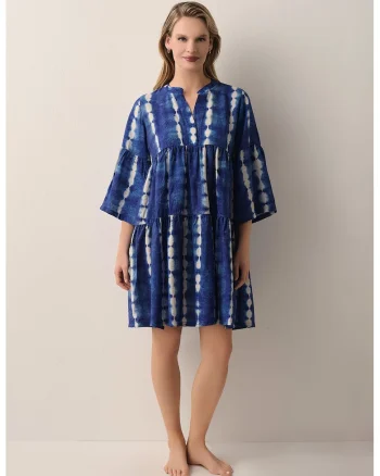 Rochie scurta cu model si maneci 3/4, Alb/Albastru royal