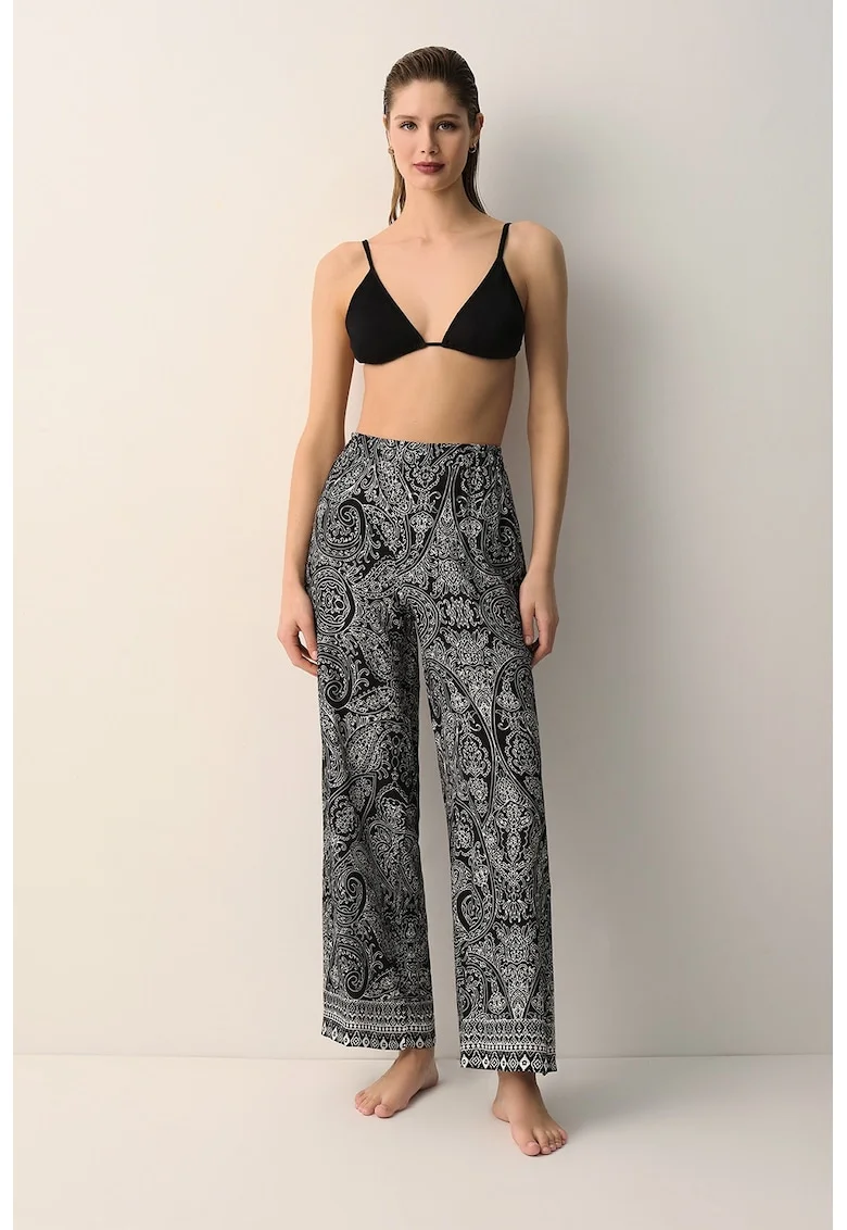 Pantaloni relaxed fit cu model paisley pentru plaja, Alb/Negru