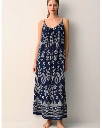 Rochie lunga lejera cu model, Alb/Bleumarin