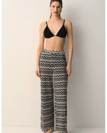Pantaloni cu talie inalta si model in dungi, Negru/Maro nisip/Albastru glaciar